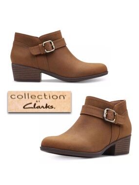 Clarks Adreena Mid Short Ankle Boot in Dark Tan Leather